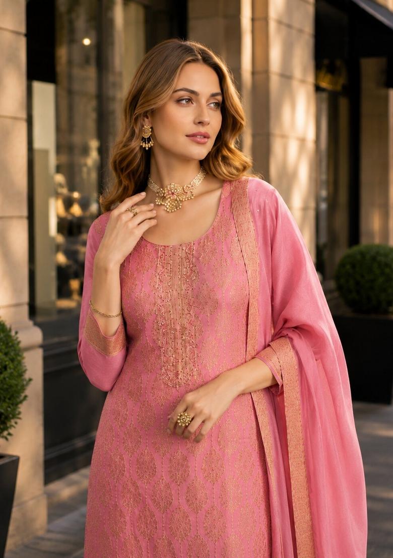 Peach Jacquard Viscose Kurta Set - Indya