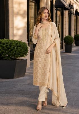Beige Jacquard Viscose Kurta Set