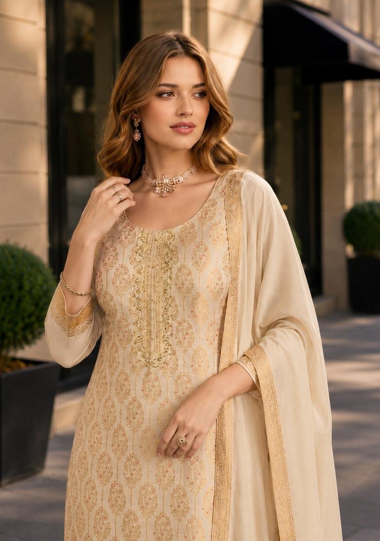 Beige Jacquard Viscose Kurta Set - Indya