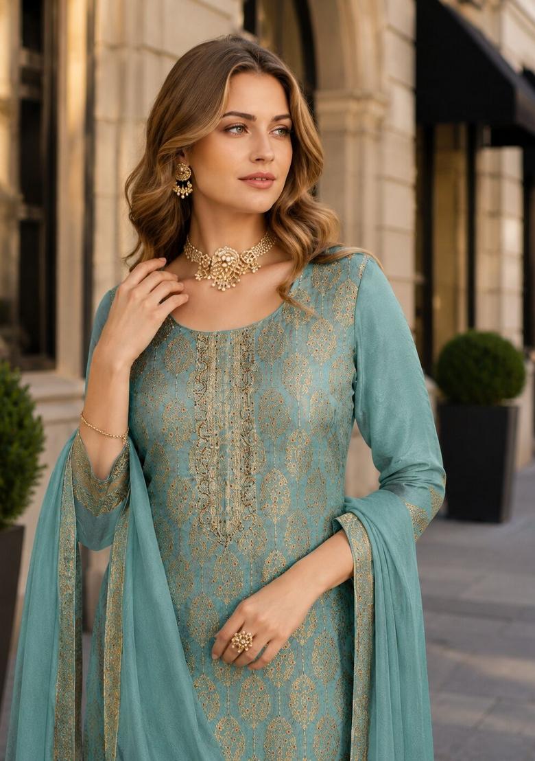 Sky Blue Jacquard Viscose Kurta Set - Indya