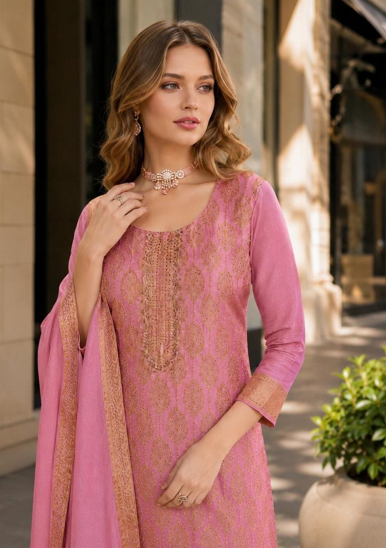 Pink Jacquard Viscose Kurta Set - Indya