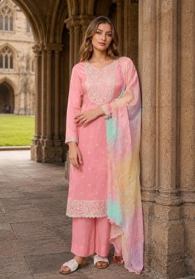Peach Embroidered Silk Kurta Set