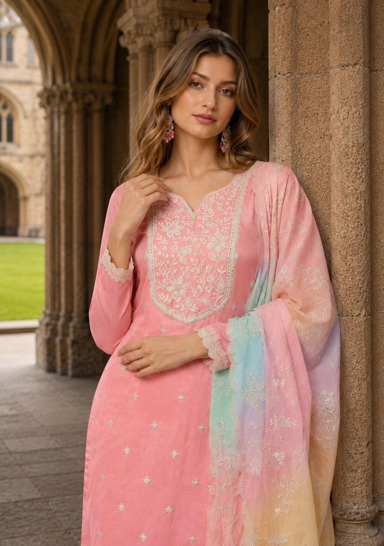 Peach Embroidered Silk Kurta Set - Indya