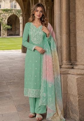 Green Embroidered Silk Kurta Set
