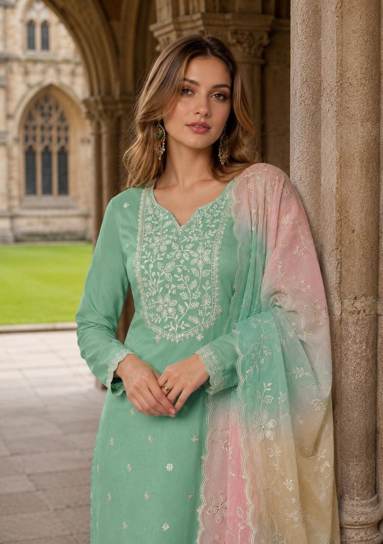 Green Embroidered Silk Kurta Set - Indya
