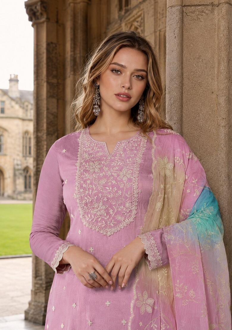 Purple Embroidered Silk Kurta Set - Indya