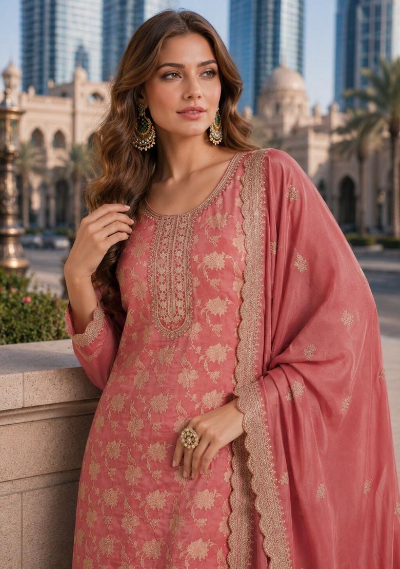 Peach Sequin Work Viscose Kurta Set - Indya