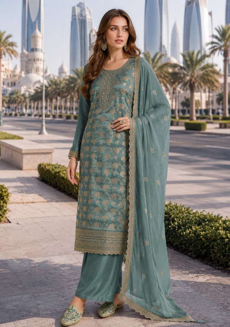 Sky Blue Sequin Work Viscose Kurta Set - Indya