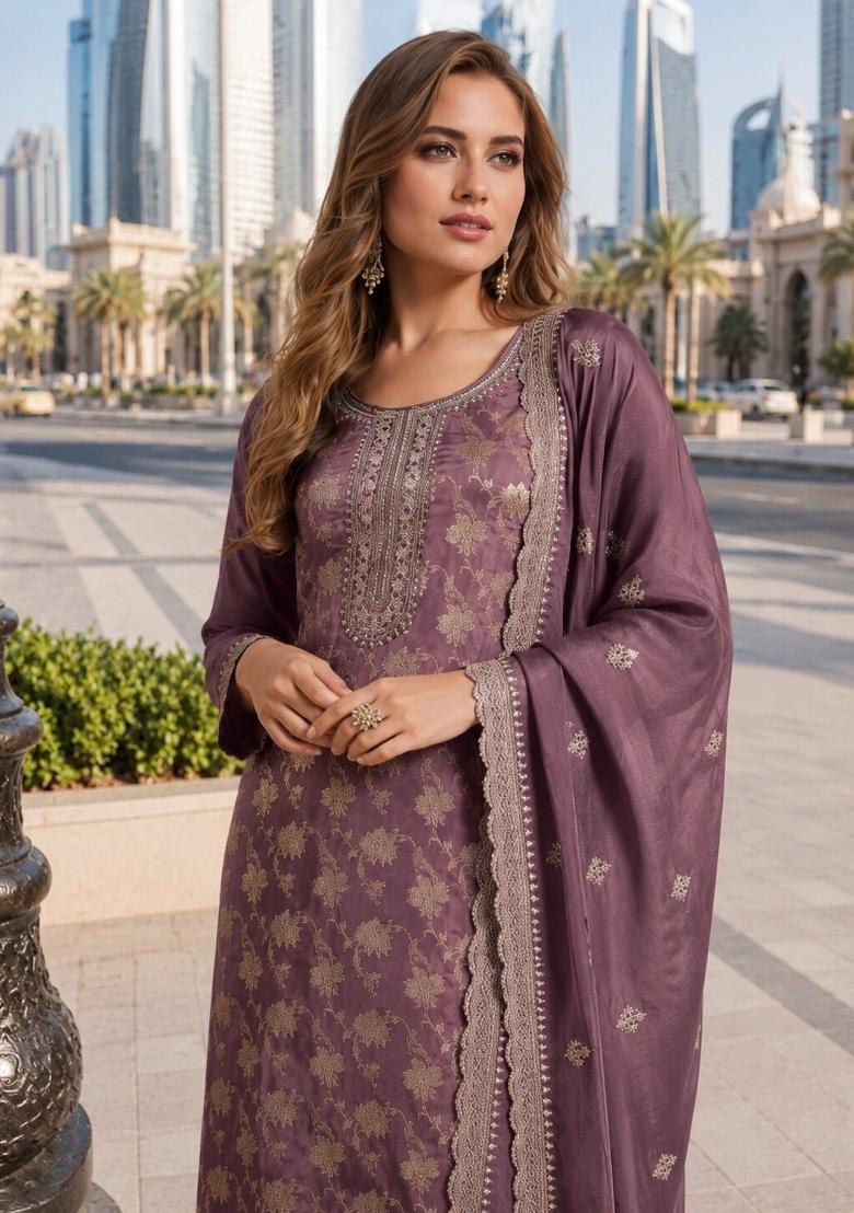 Purple Sequin Work Viscose Kurta Set - Indya