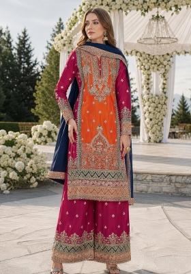 Orange Embroidered Silk Kurta Set
