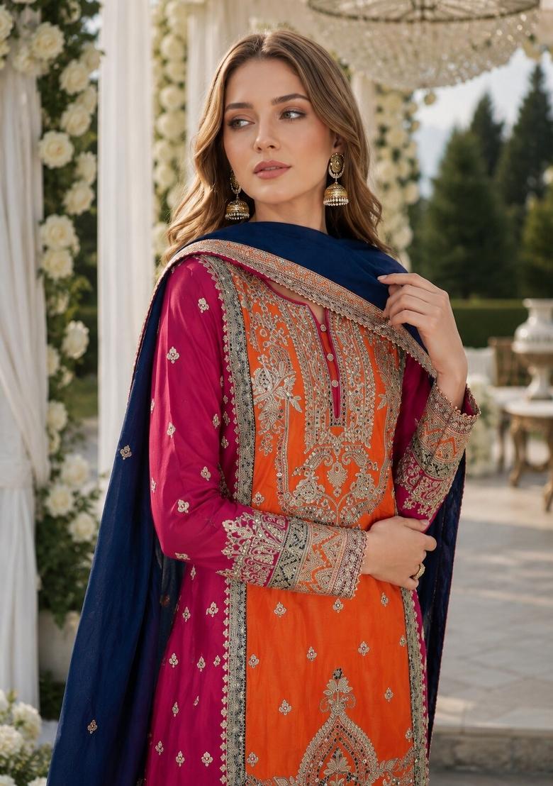 Orange Embroidered Silk Kurta Set - Indya