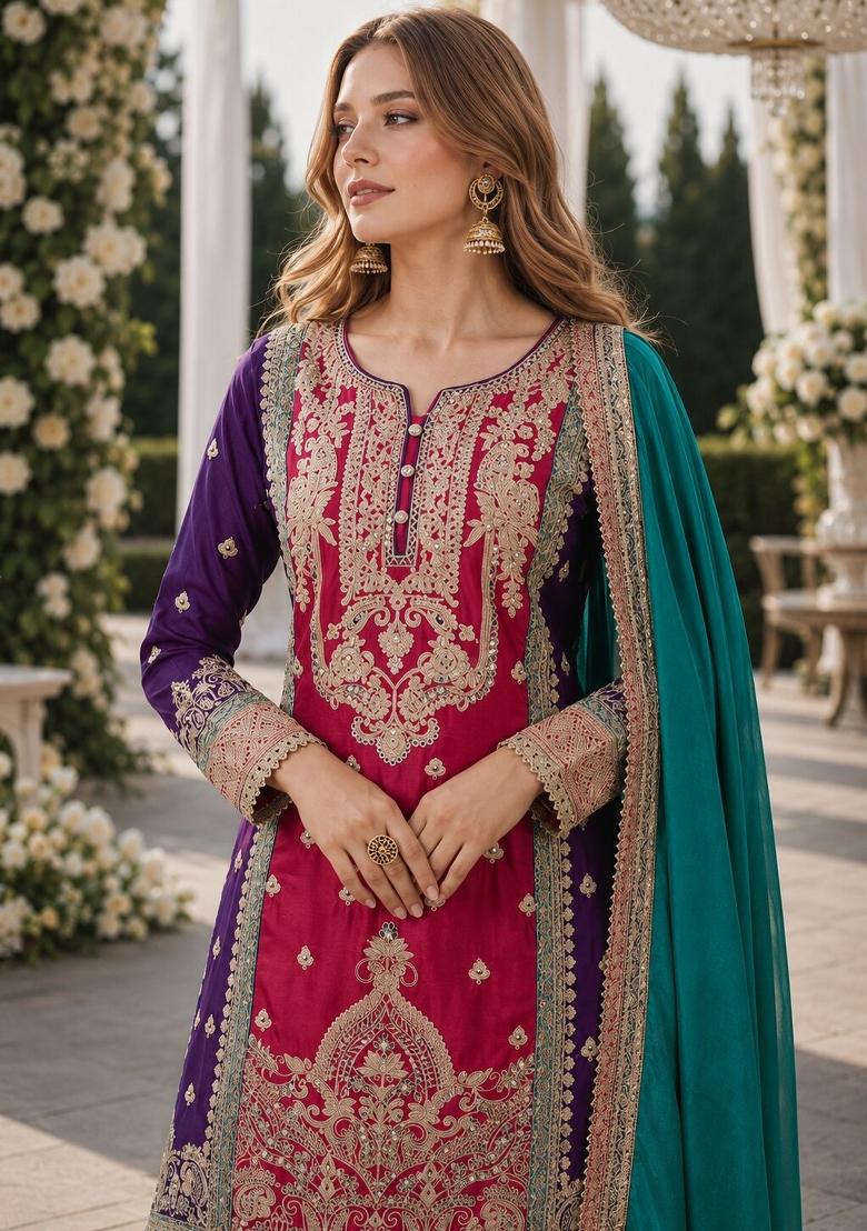 Maroon Embroidered Silk Kurta Set - Indya