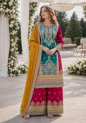 Teal Embroidered Silk Kurta Set