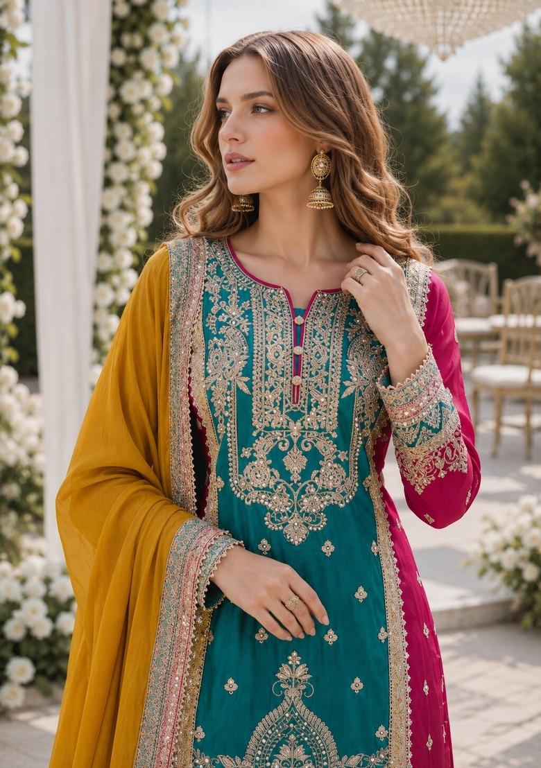 Teal Embroidered Silk Kurta Set - Indya