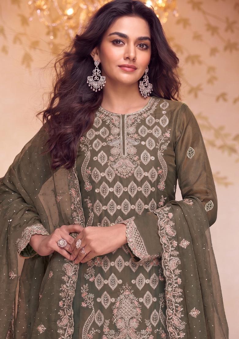 Grey Embroidery Silk Salwar Kameez - Indya
