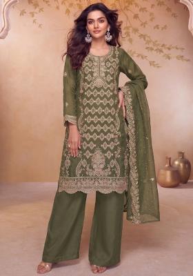 Parrot Green Embroidery Silk Salwar Kameez