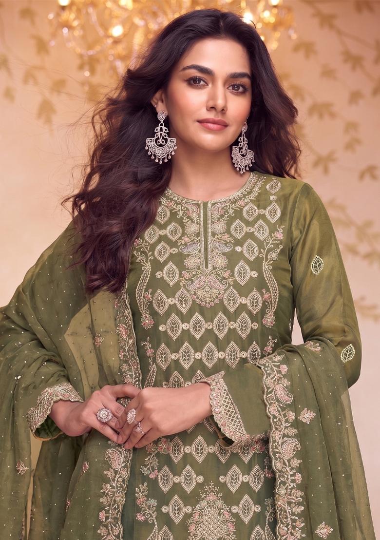 Parrot Green Embroidery Silk Salwar Kameez - Indya