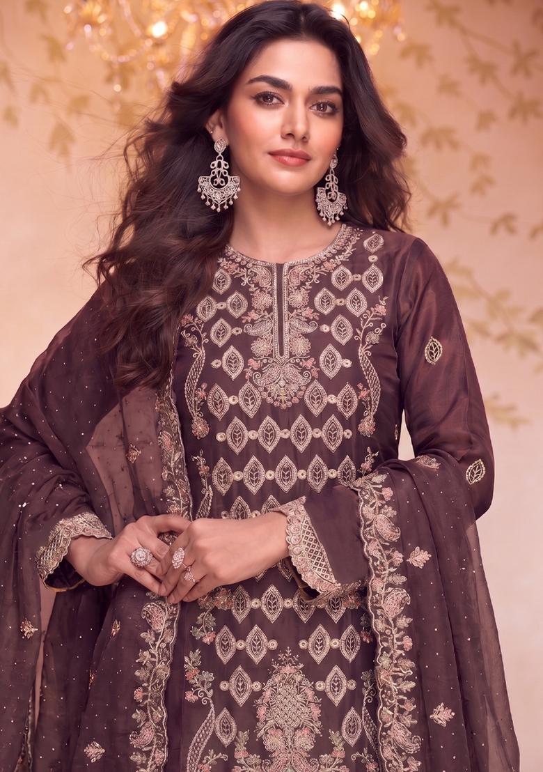 Purple Embroidery Silk Salwar Kameez - Indya