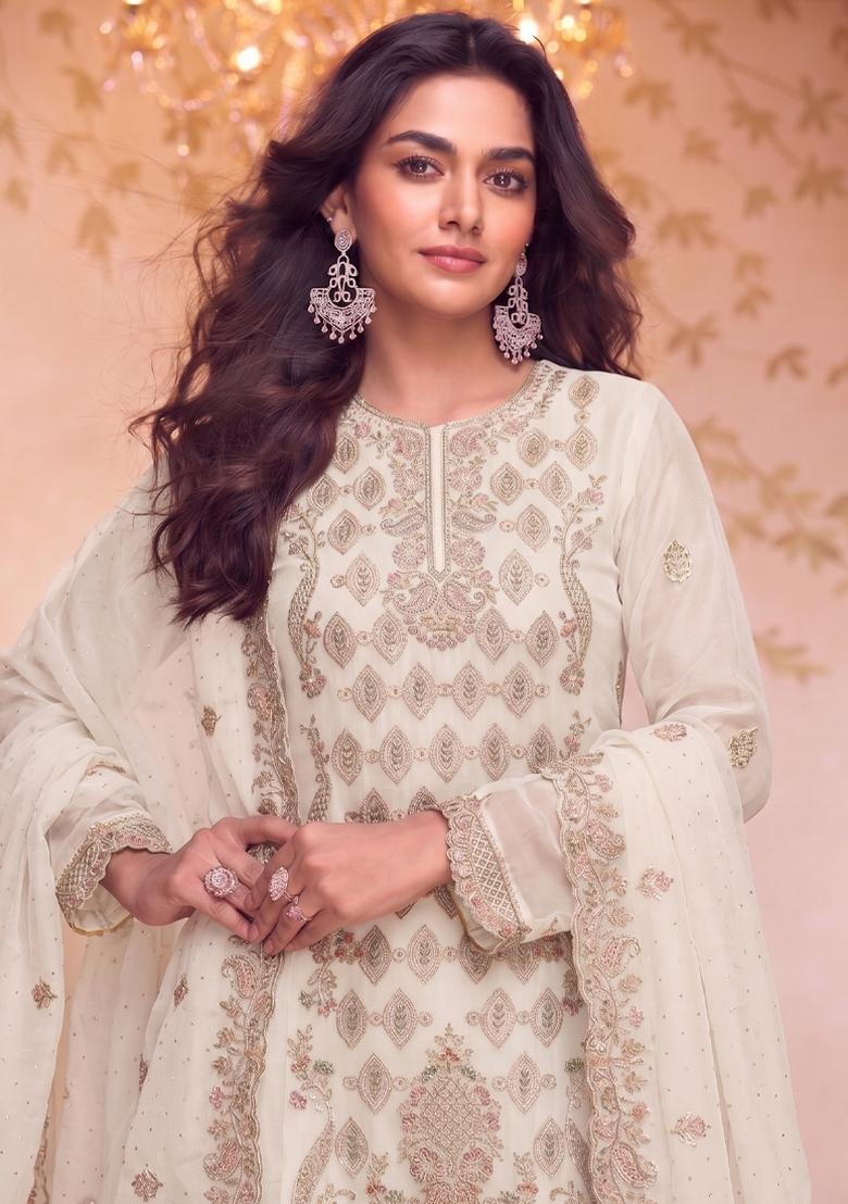 White Embroidery Silk Salwar Kameez - Indya