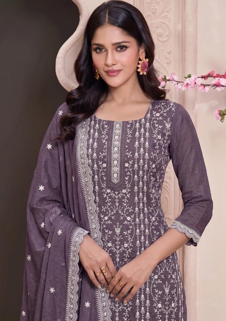 Lilac Embroidery Silk Salwar Kameez - Indya