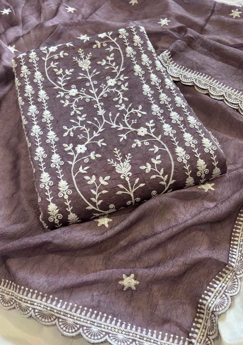 Lilac Embroidery Silk Salwar Kameez - Indya