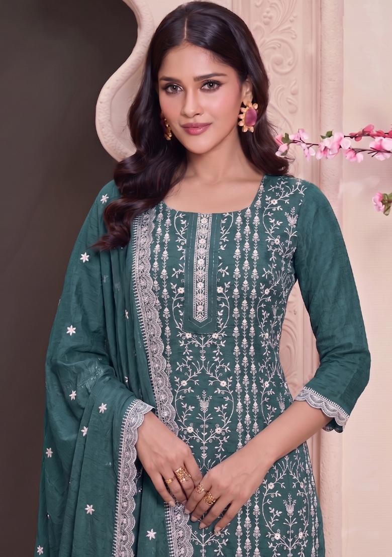 Aqua Blue Embroidery Silk Salwar Kameez - Indya