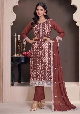 Rust Embroidery Silk Salwar Kameez