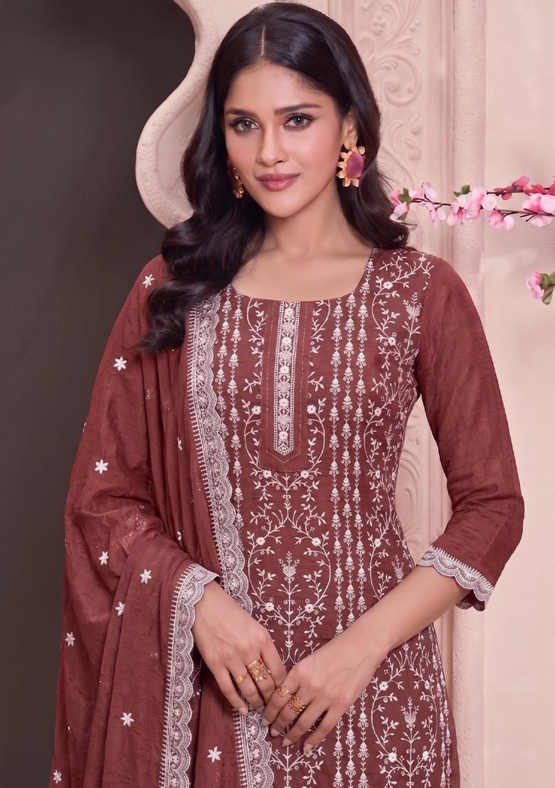 Rust Embroidery Silk Salwar Kameez - Indya