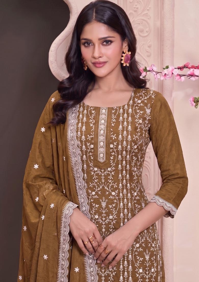 Mustard Embroidery Silk Salwar Kameez - Indya