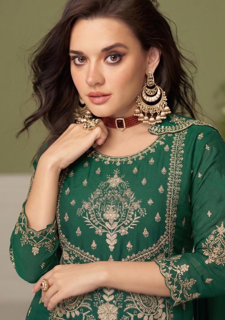 Green Embroidery Silk Salwar Kameez - Indya