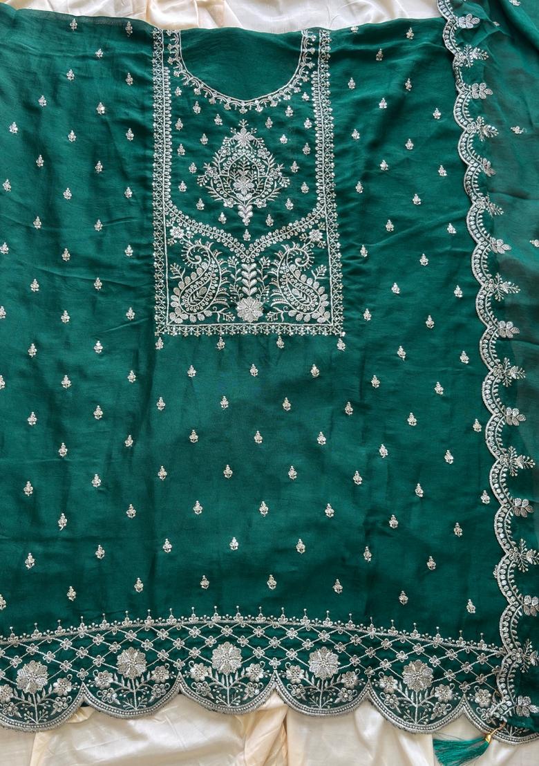 Green Embroidery Silk Salwar Kameez - Indya