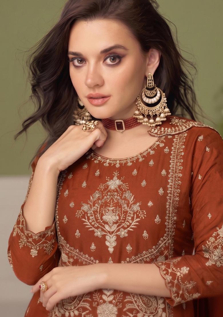 Orange Embroidery Silk Salwar Kameez - Indya