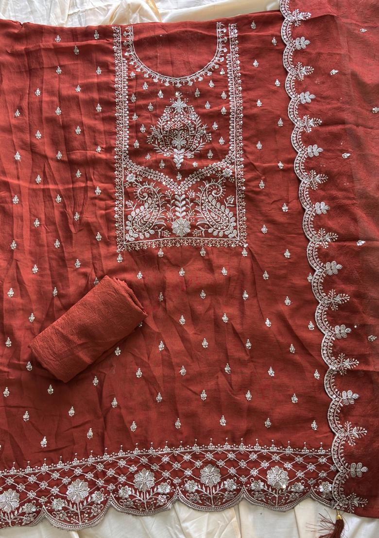 Orange Embroidery Silk Salwar Kameez - Indya