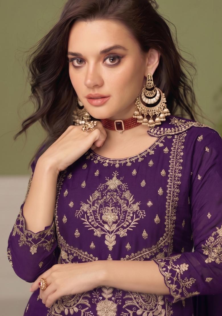 Purple Embroidery Silk Salwar Kameez - Indya