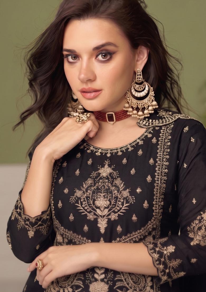 Black Embroidery Silk Salwar Kameez - Indya