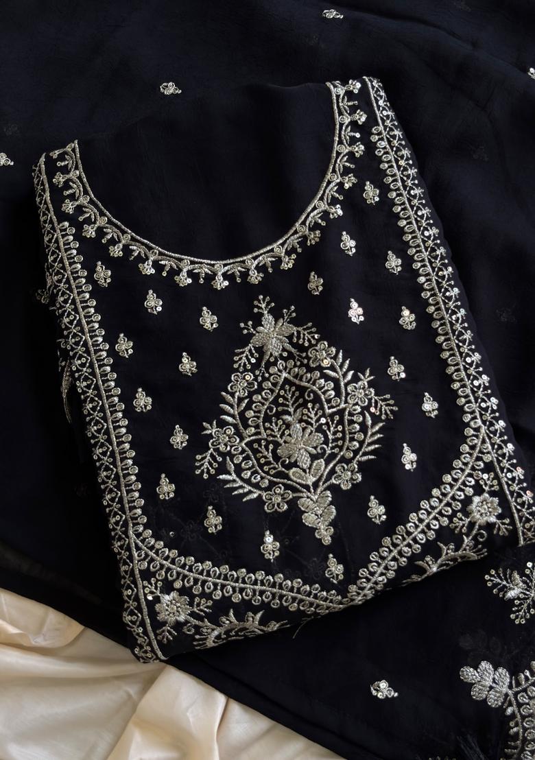 Black Embroidery Silk Salwar Kameez - Indya