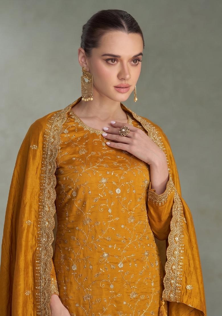 Yellow Embroidery Silk Salwar Kameez - Indya