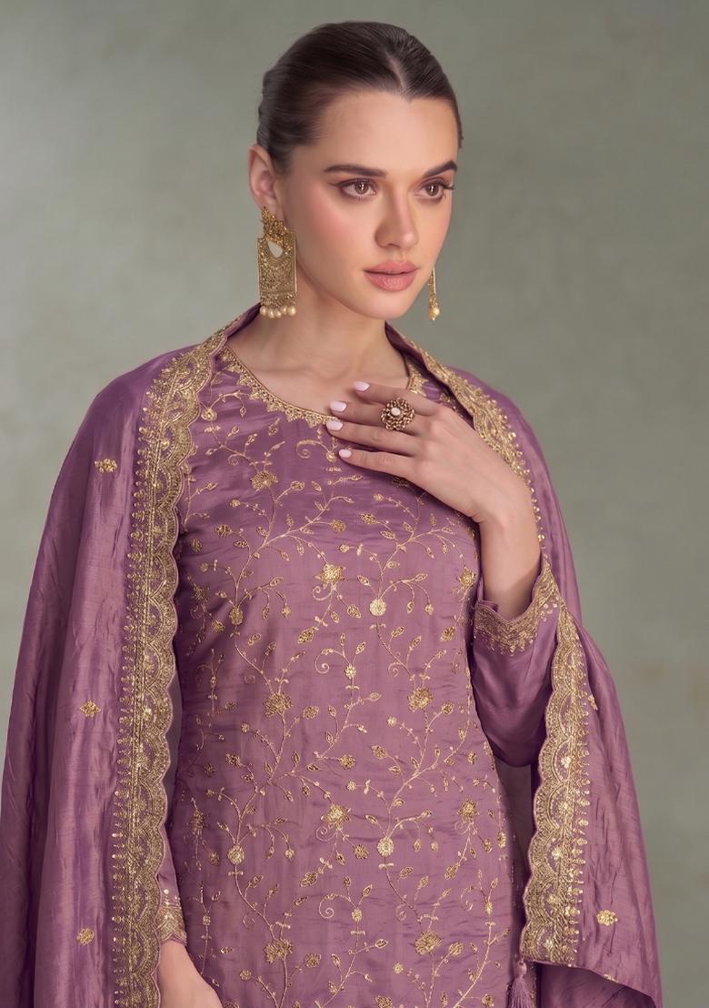 Lilac Embroidery Silk Salwar Kameez - Indya