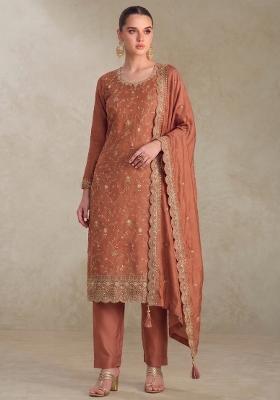 Peach Embroidery Silk Salwar Kameez