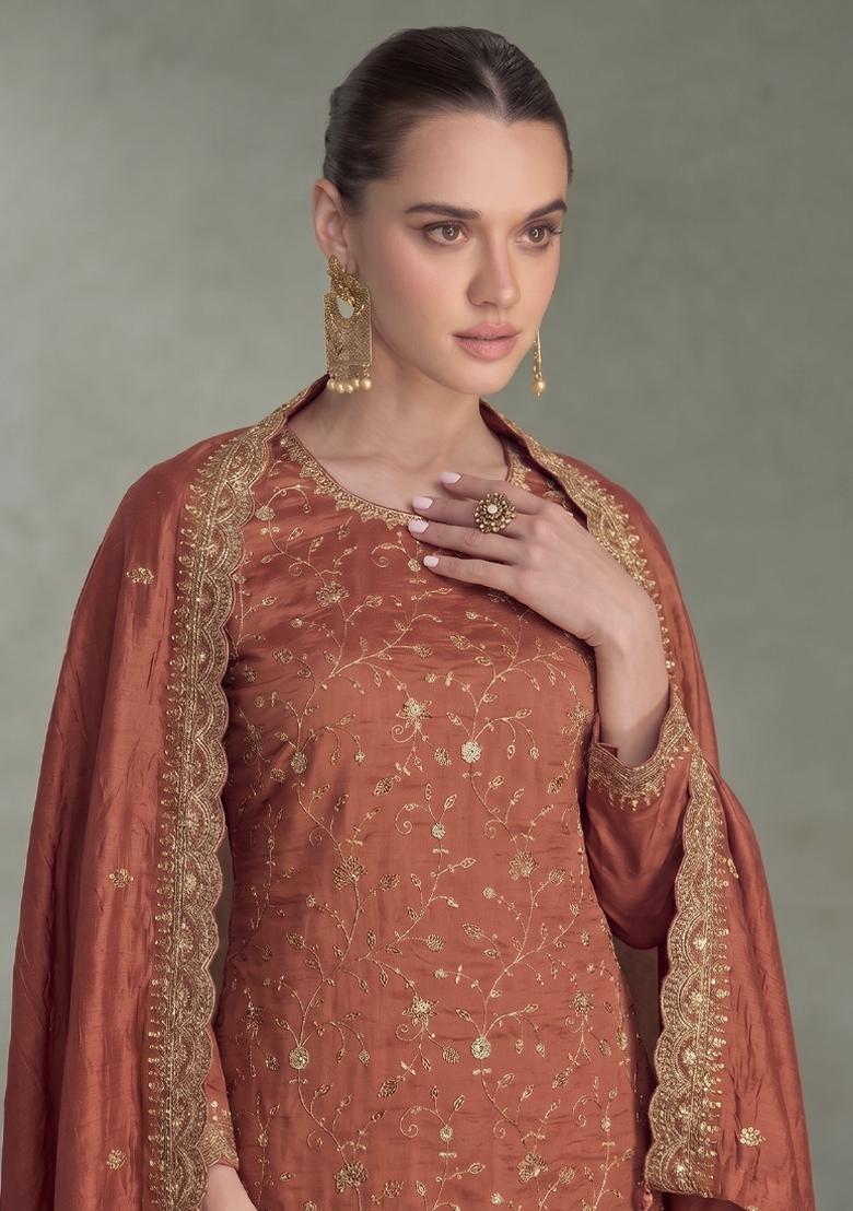 Peach Embroidery Silk Salwar Kameez - Indya