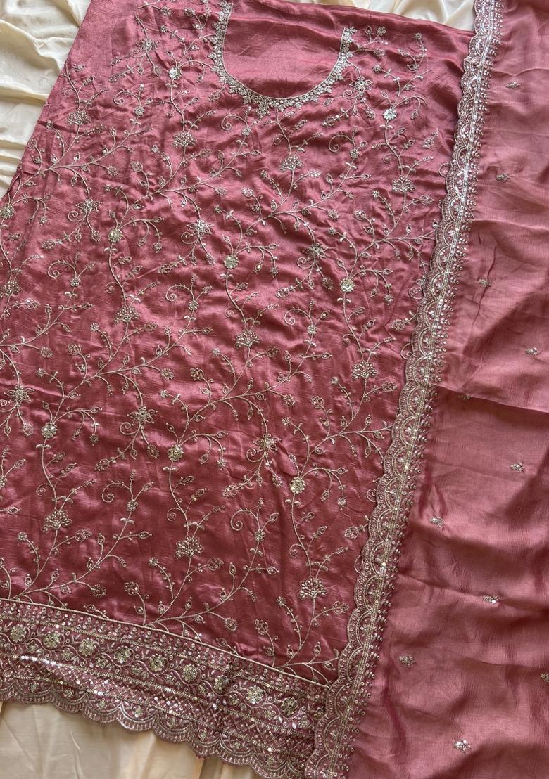Peach Embroidery Silk Salwar Kameez - Indya