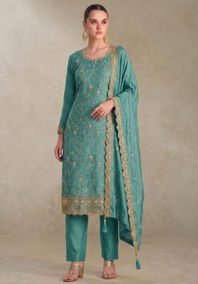 Sky Blue Embroidery Silk Salwar Kameez