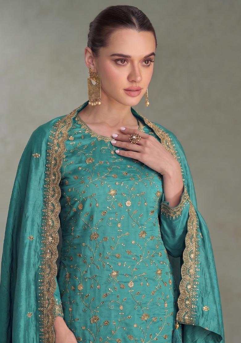 Sky Blue Embroidery Silk Salwar Kameez - Indya