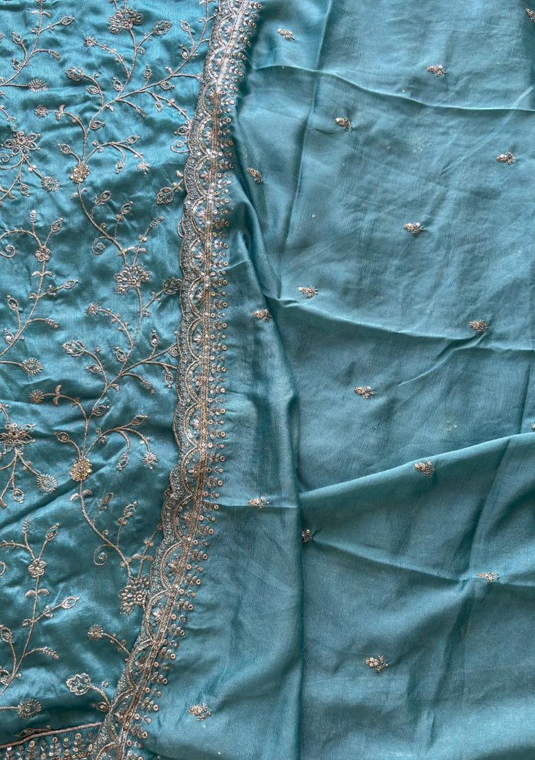Sky Blue Embroidery Silk Salwar Kameez - Indya