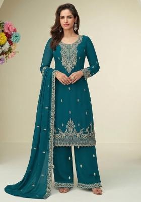 Aqua Blue Embroidery Georgette Salwar Kameez