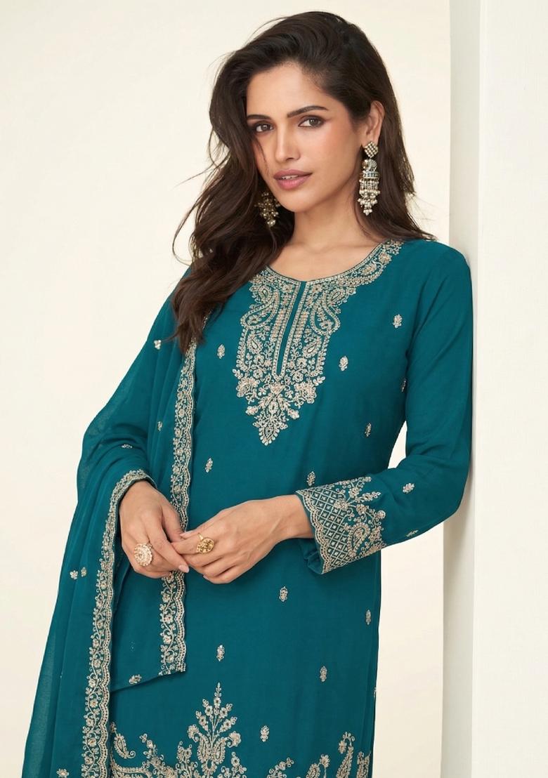 Aqua Blue Embroidery Georgette Salwar Kameez - Indya