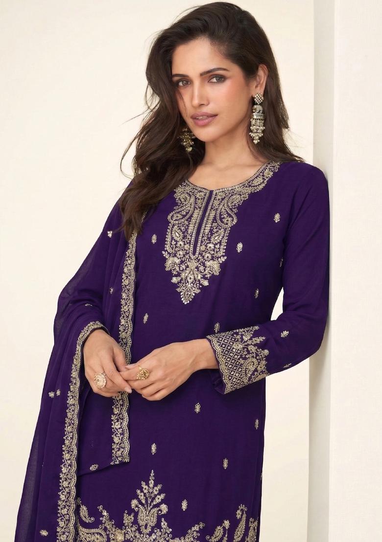 Purple Embroidery Georgette Salwar Kameez - Indya