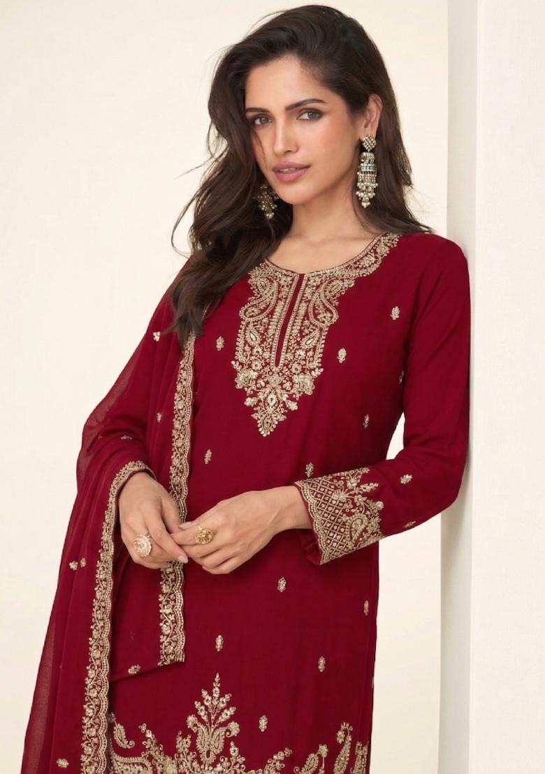 Dark Pink Embroidery Georgette Salwar Kameez - Indya
