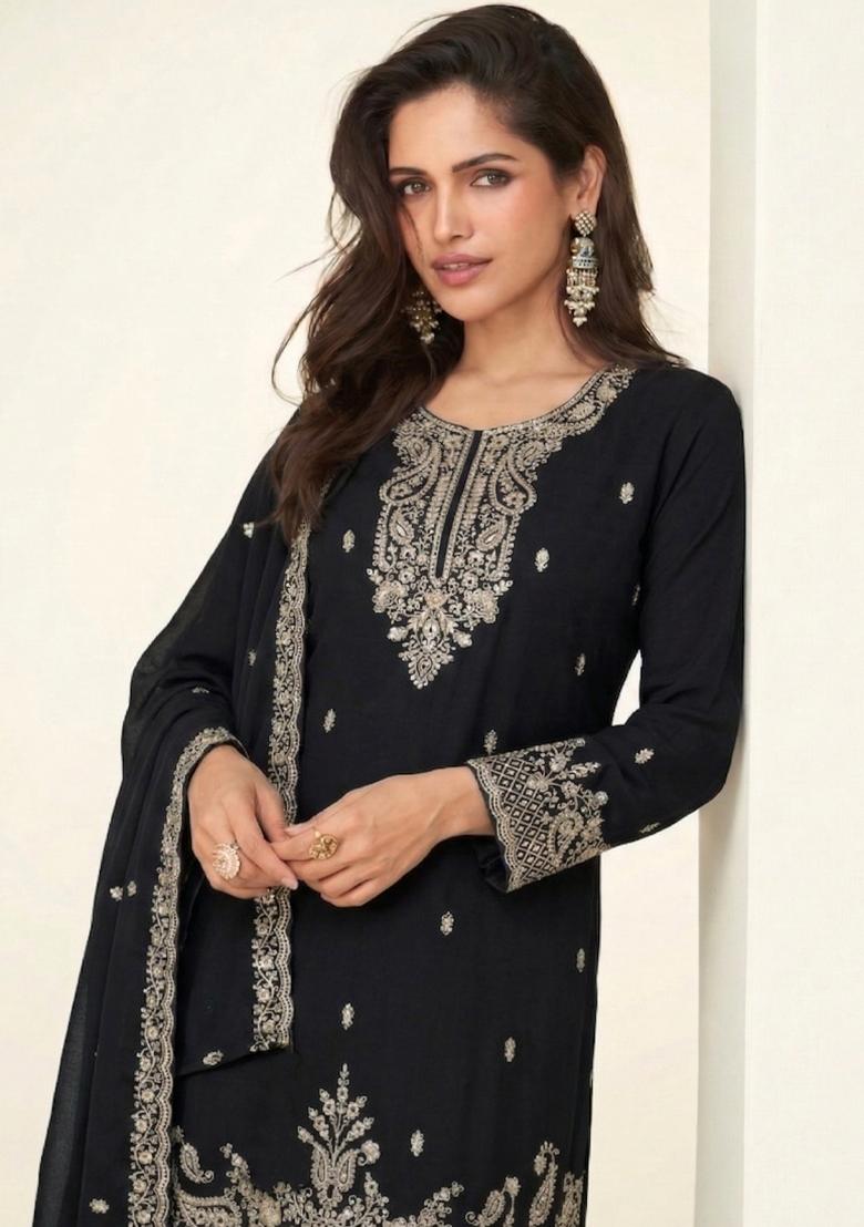 Black Embroidery Georgette Salwar Kameez - Indya