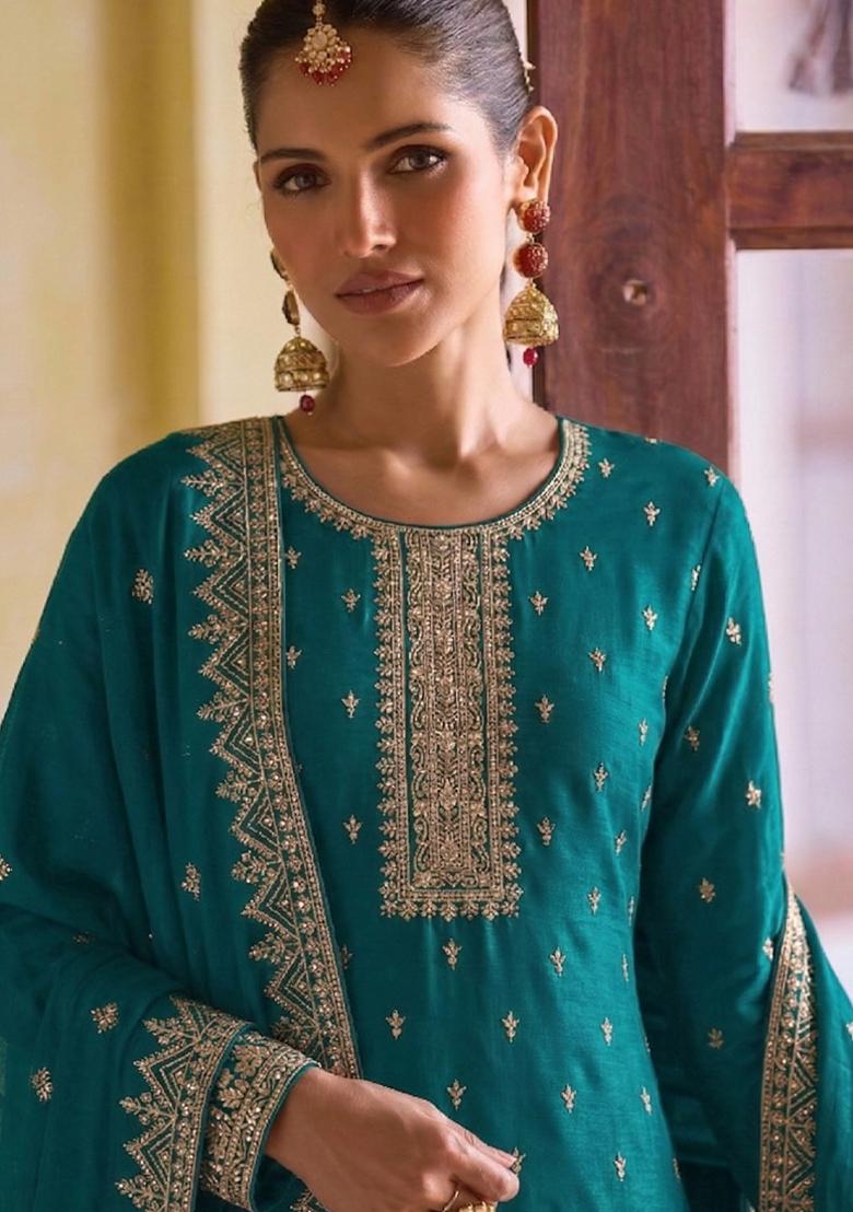 Aqua Blue Embroidery Georgette Salwar Kameez - Indya